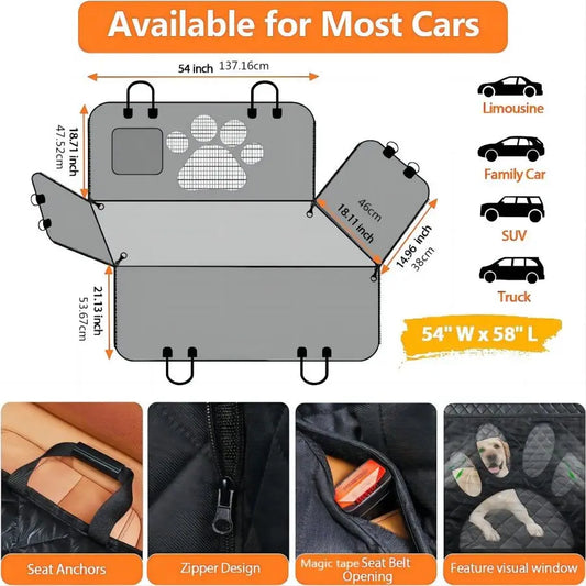 Dog Car Seat Cover for Back Seat – 100% Waterproof Hammock with Mesh Window & Side Zipper