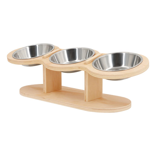 Cat 3 Bowls in 1 Feeder – Tilted Raised Feeding & Watering Bowl with Wood Brackets