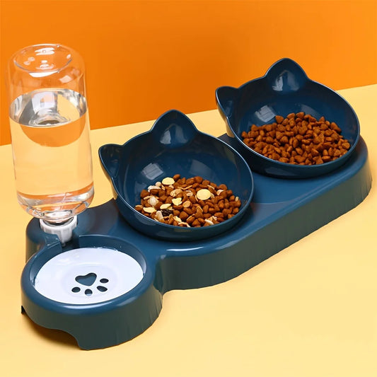 Pet Bowls with Water Feeder – 3-in-1 Tilted Cat Water & Food Bowl Set