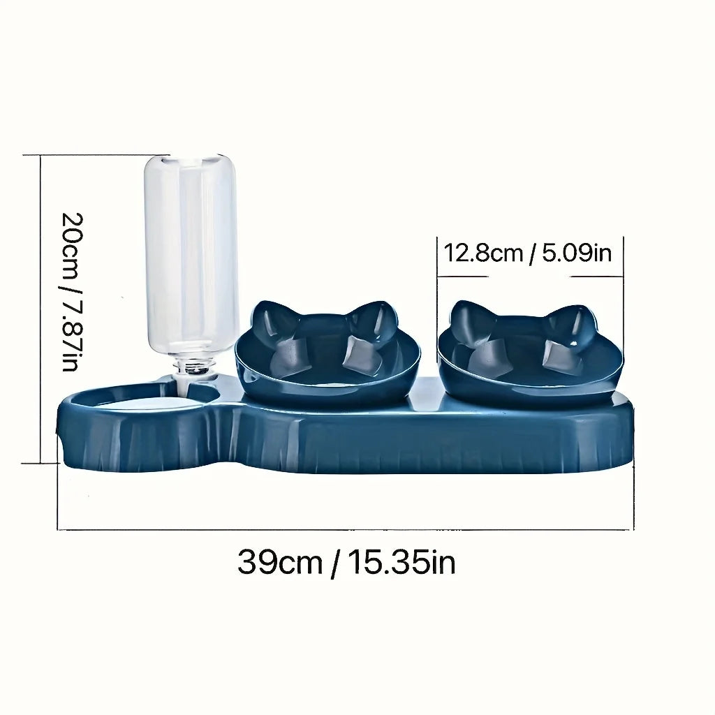 Pet Bowls with Water Feeder – 3-in-1 Tilted Cat Water & Food Bowl Set