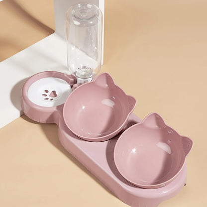 Pet Bowls with Water Feeder – 3-in-1 Tilted Cat Water & Food Bowl Set