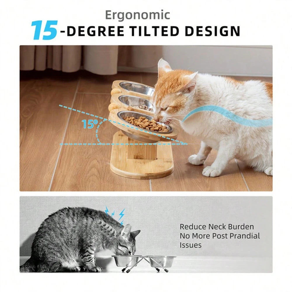 Cat 3 Bowls in 1 Feeder – Tilted Raised Feeding & Watering Bowl with Wood Brackets