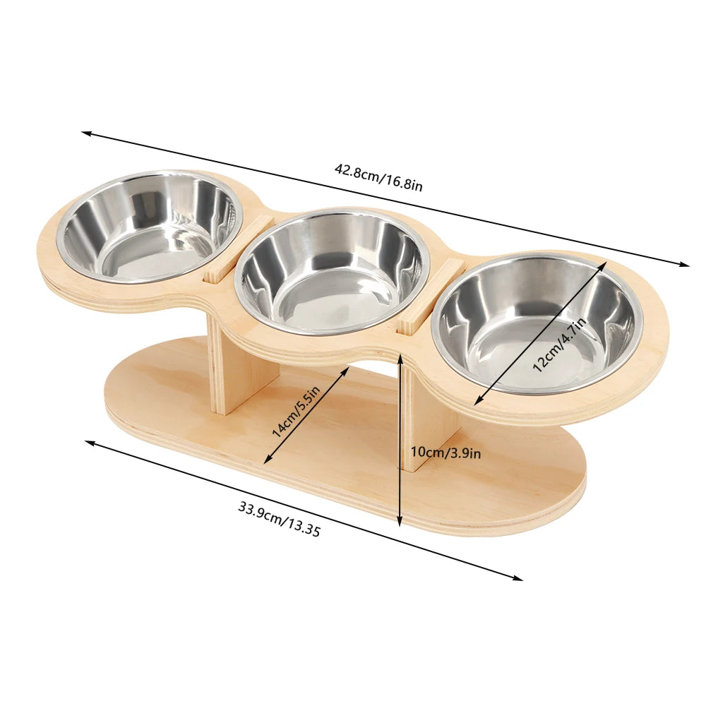 Cat 3 Bowls in 1 Feeder – Tilted Raised Feeding & Watering Bowl with Wood Brackets