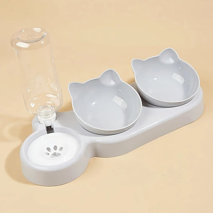Pet Bowls with Water Feeder – 3-in-1 Tilted Cat Water & Food Bowl Set