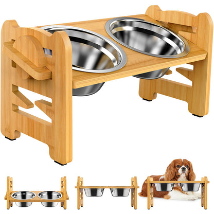 Elevated Stainless Steel Dog Bowls with Bamboo Stand – Adjustable Tilted Raised Feeder for Cats & Dogs