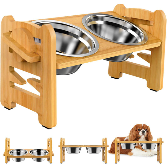 Elevated Stainless Steel Dog Bowls with Bamboo Stand – Adjustable Tilted Raised Feeder for Cats & Dogs