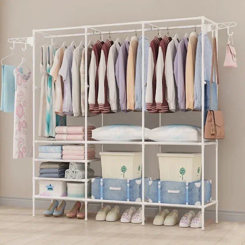 Double Row Clothes Rack – Large Floor Hangers with Hanging Hooks & Storage Shelf