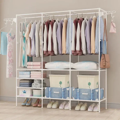 Double Row Clothes Rack – Large Floor Hangers with Hanging Hooks & Storage Shelf
