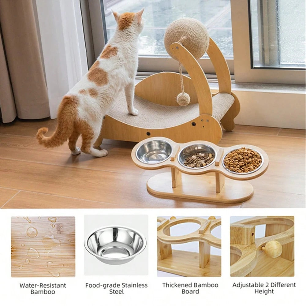 Cat 3 Bowls in 1 Feeder – Tilted Raised Feeding & Watering Bowl with Wood Brackets