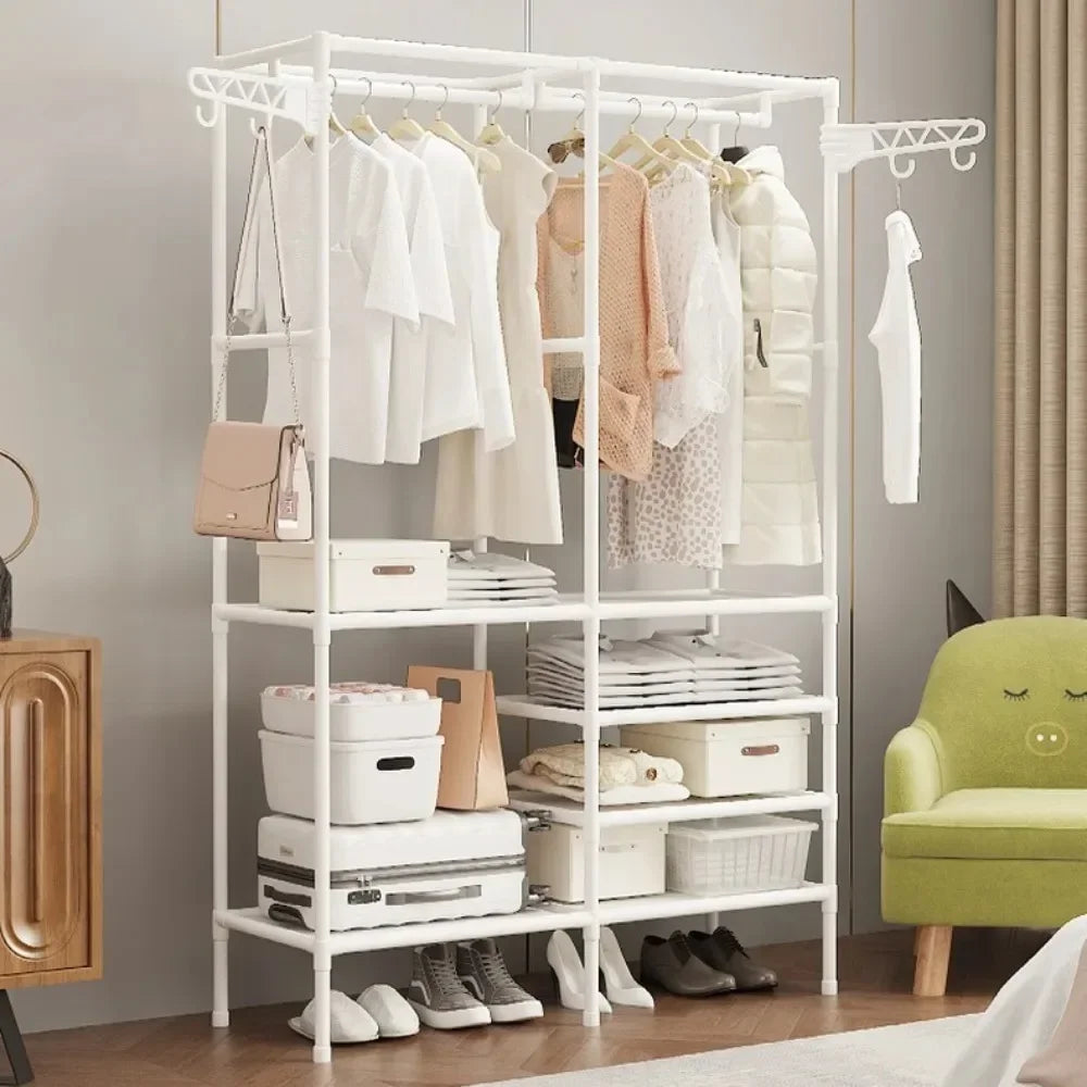 Double Row Clothes Rack – Large Floor Hangers with Hanging Hooks & Storage Shelf
