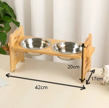Elevated Stainless Steel Dog Bowls with Bamboo Stand – Adjustable Tilted Raised Feeder for Cats & Dogs