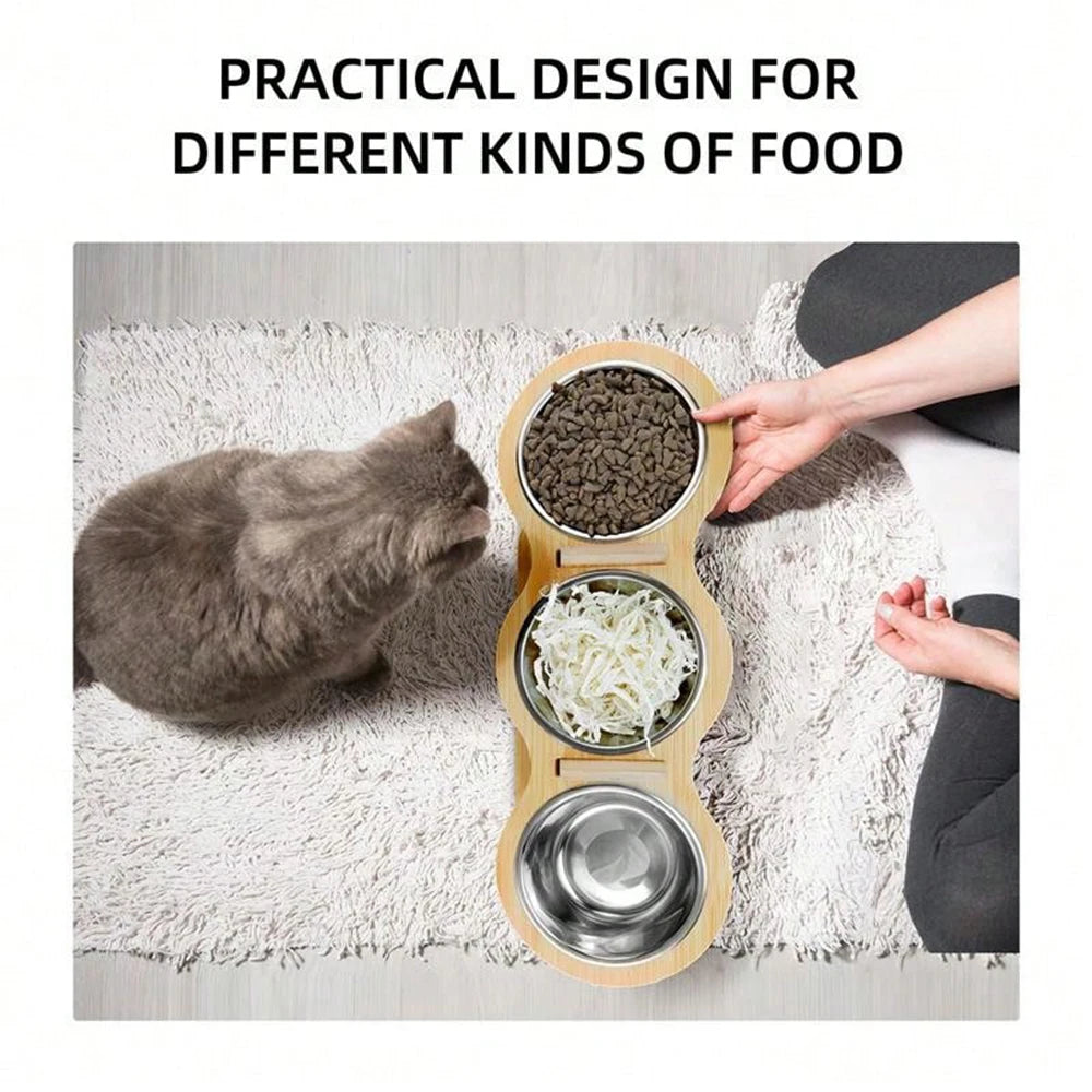 Cat 3 Bowls in 1 Feeder – Tilted Raised Feeding & Watering Bowl with Wood Brackets