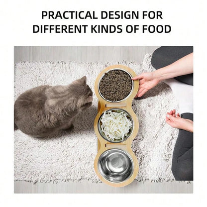 Cat 3 Bowls in 1 Feeder – Tilted Raised Feeding & Watering Bowl with Wood Brackets