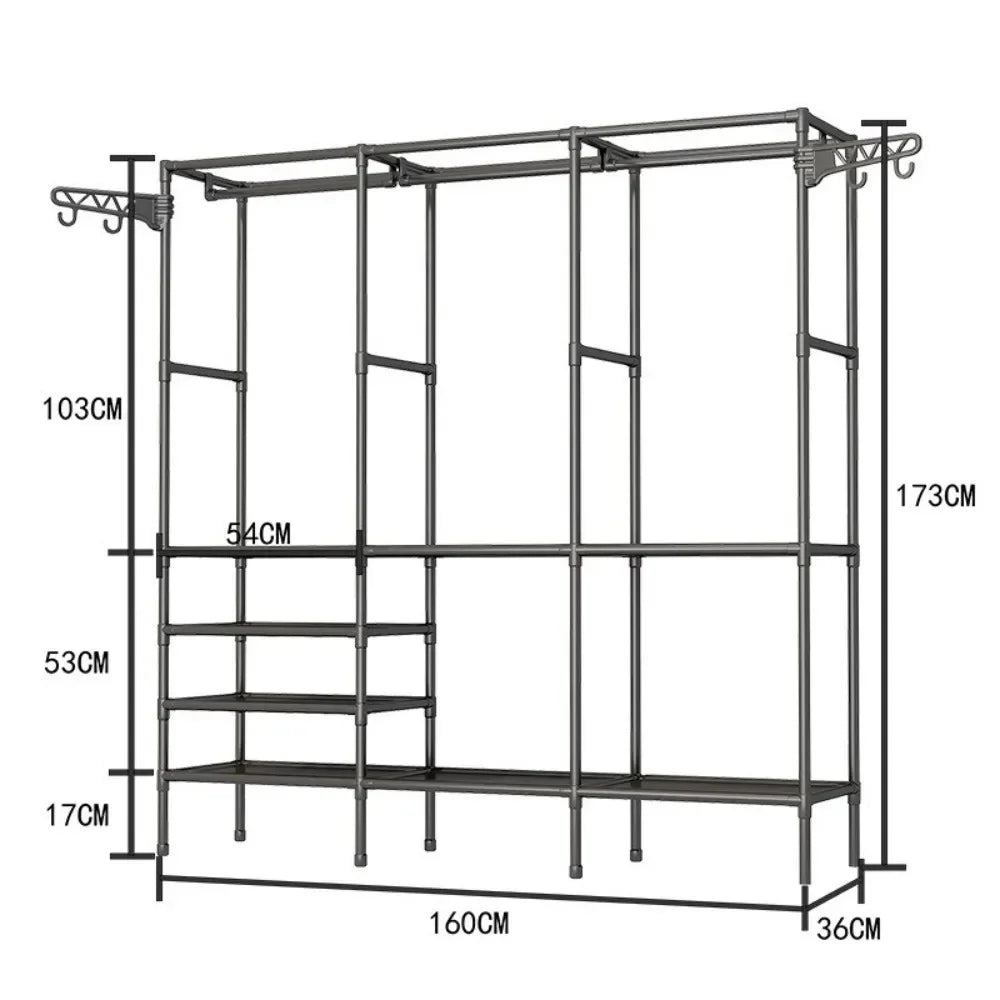 Double Row Clothes Rack – Large Floor Hangers with Hanging Hooks & Storage Shelf