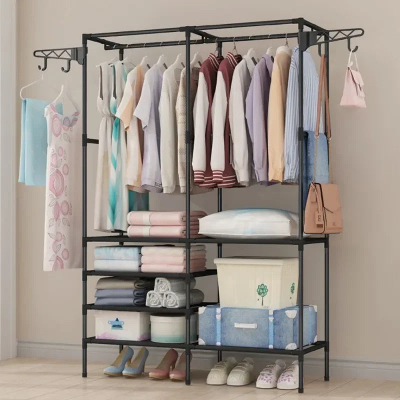 Double Row Clothes Rack – Large Floor Hangers with Hanging Hooks & Storage Shelf