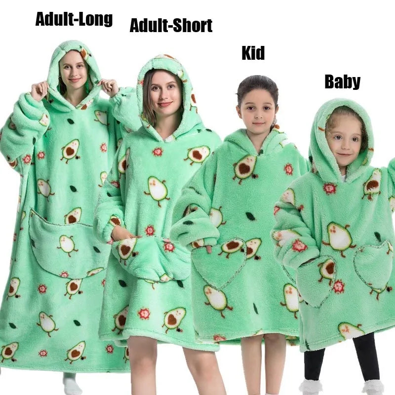 Super Long Oversized Winter Sherpa Blanket Hoodie – Plush Flannel Warm Family Sweatshirt
