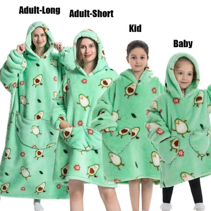 Super Long Oversized Winter Sherpa Blanket Hoodie – Plush Flannel Warm Family Sweatshirt