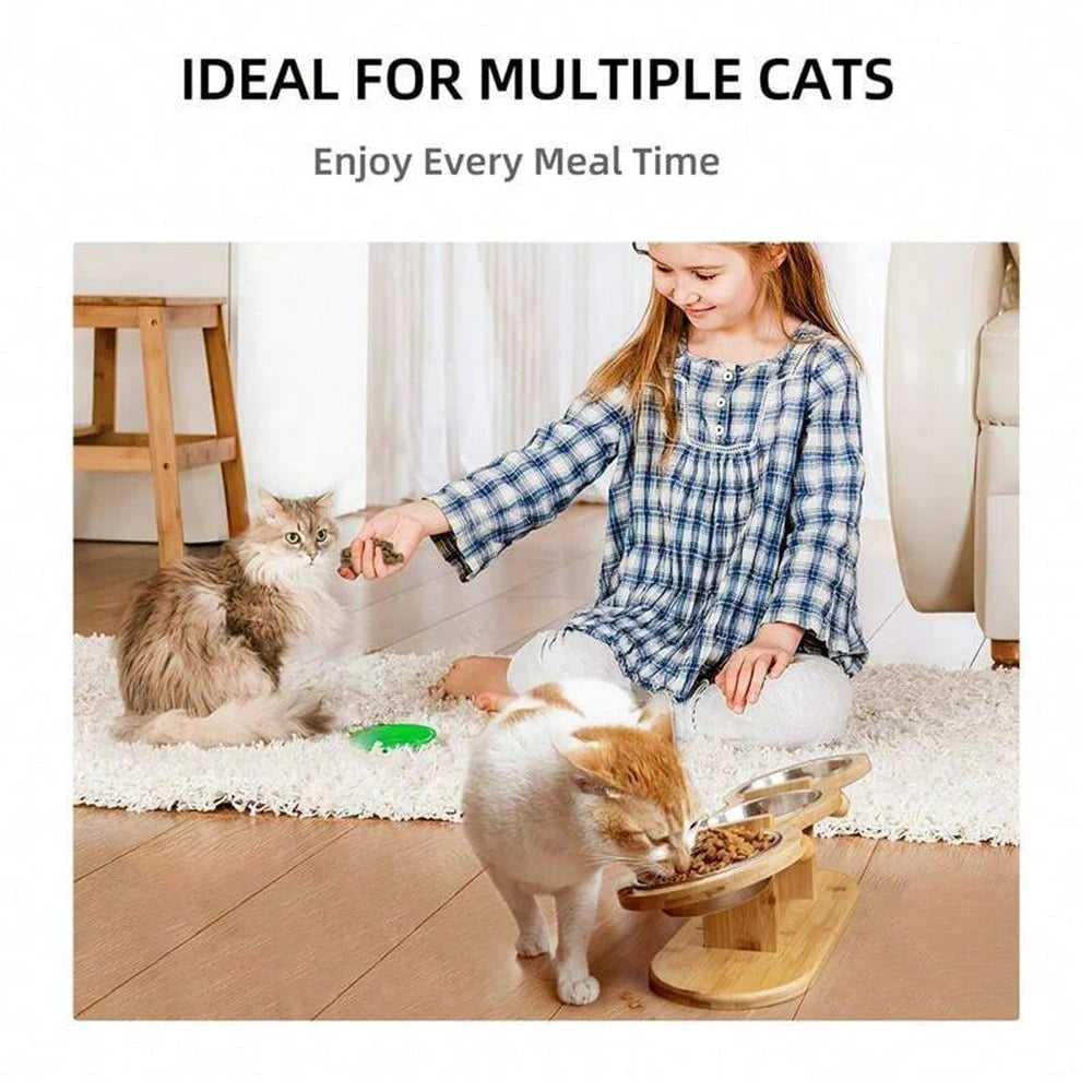 Cat 3 Bowls in 1 Feeder – Tilted Raised Feeding & Watering Bowl with Wood Brackets