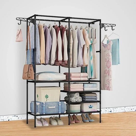 Double Row Clothes Rack – Large Floor Hangers with Hanging Hooks & Storage Shelf