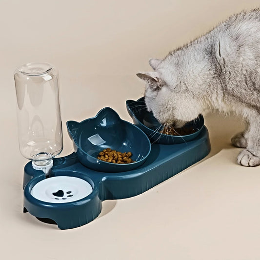 Pet Bowls with Water Feeder – 3-in-1 Tilted Cat Water & Food Bowl Set