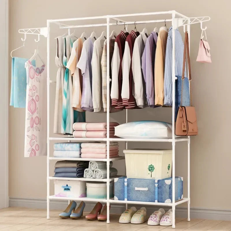 Double Row Clothes Rack – Large Floor Hangers with Hanging Hooks & Storage Shelf