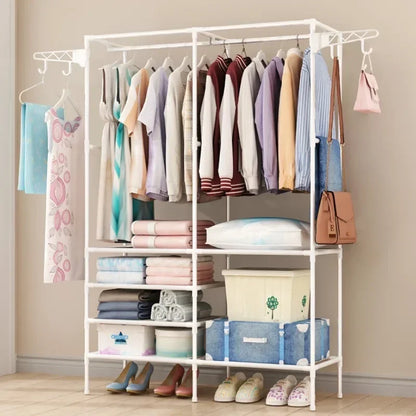 Double Row Clothes Rack – Large Floor Hangers with Hanging Hooks & Storage Shelf