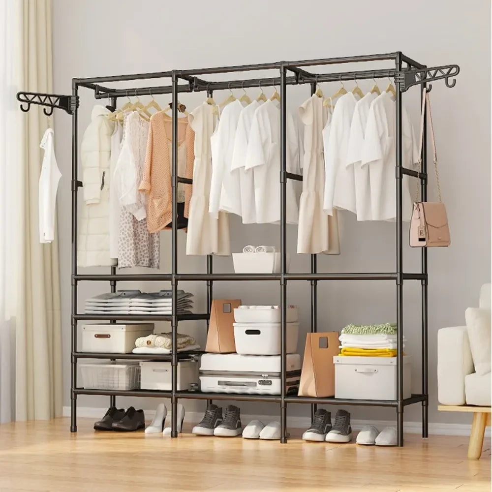 Double Row Clothes Rack – Large Floor Hangers with Hanging Hooks & Storage Shelf