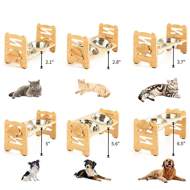 Elevated Stainless Steel Dog Bowls with Bamboo Stand – Adjustable Tilted Raised Feeder for Cats & Dogs