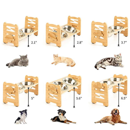 Elevated Stainless Steel Dog Bowls with Bamboo Stand – Adjustable Tilted Raised Feeder for Cats & Dogs