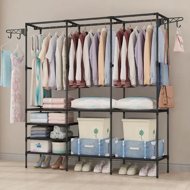 Double Row Clothes Rack – Large Floor Hangers with Hanging Hooks & Storage Shelf
