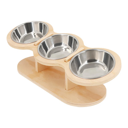 Cat 3 Bowls in 1 Feeder – Tilted Raised Feeding & Watering Bowl with Wood Brackets