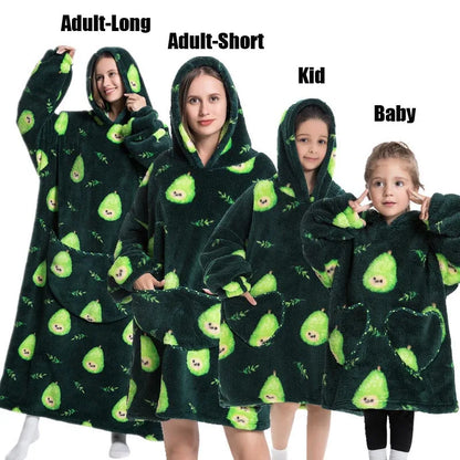 Super Long Oversized Winter Sherpa Blanket Hoodie – Plush Flannel Warm Family Sweatshirt