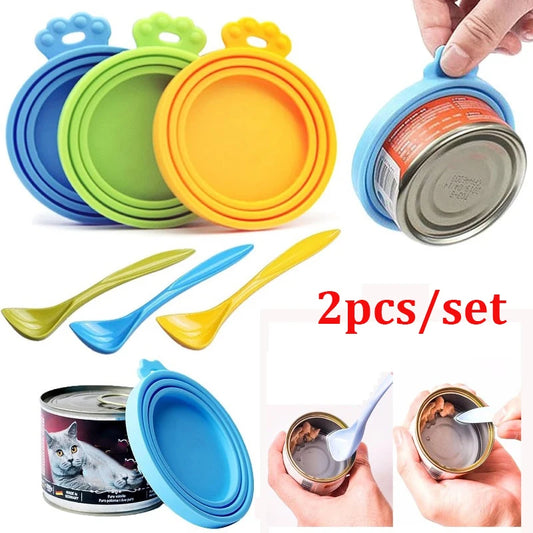 2pcs/set Reusable Pet Food Can Cover – Silicone Dog & Cat Storage Lid with Spoon