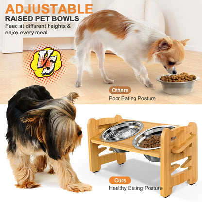 Elevated Stainless Steel Dog Bowls with Bamboo Stand – Adjustable Tilted Raised Feeder for Cats & Dogs