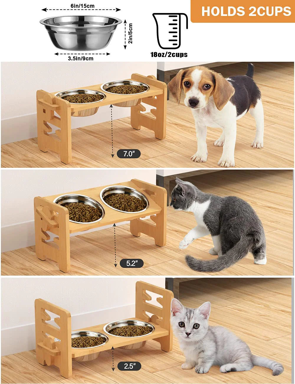 Elevated Stainless Steel Dog Bowls with Bamboo Stand – Adjustable Tilted Raised Feeder for Cats & Dogs