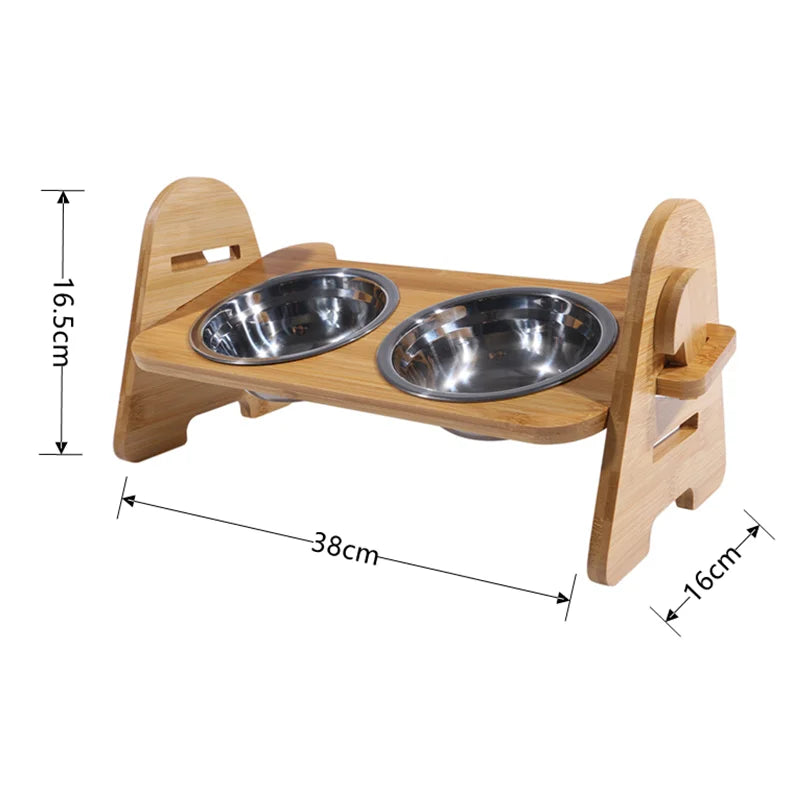 Elevated Stainless Steel Dog Bowls with Bamboo Stand – Adjustable Tilted Raised Feeder for Cats & Dogs