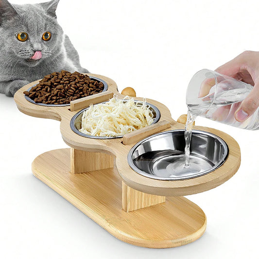 Cat 3 Bowls in 1 Feeder – Tilted Raised Feeding & Watering Bowl with Wood Brackets