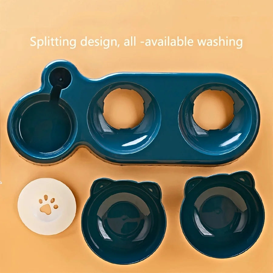 Pet Bowls with Water Feeder – 3-in-1 Tilted Cat Water & Food Bowl Set