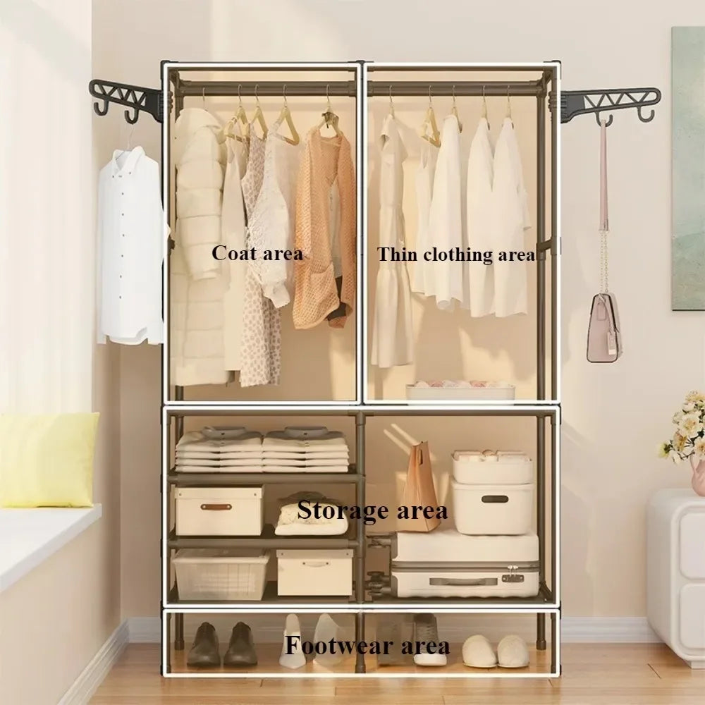 Double Row Clothes Rack – Large Floor Hangers with Hanging Hooks & Storage Shelf