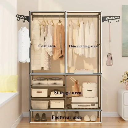 Double Row Clothes Rack – Large Floor Hangers with Hanging Hooks & Storage Shelf