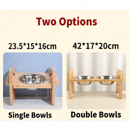 Elevated Stainless Steel Dog Bowls with Bamboo Stand – Adjustable Tilted Raised Feeder for Cats & Dogs