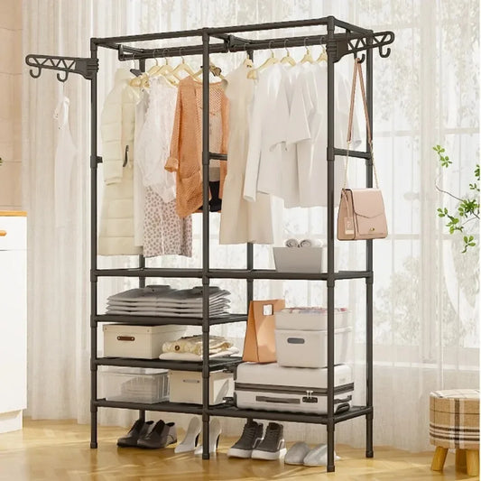 Double Row Clothes Rack – Large Floor Hangers with Hanging Hooks & Storage Shelf